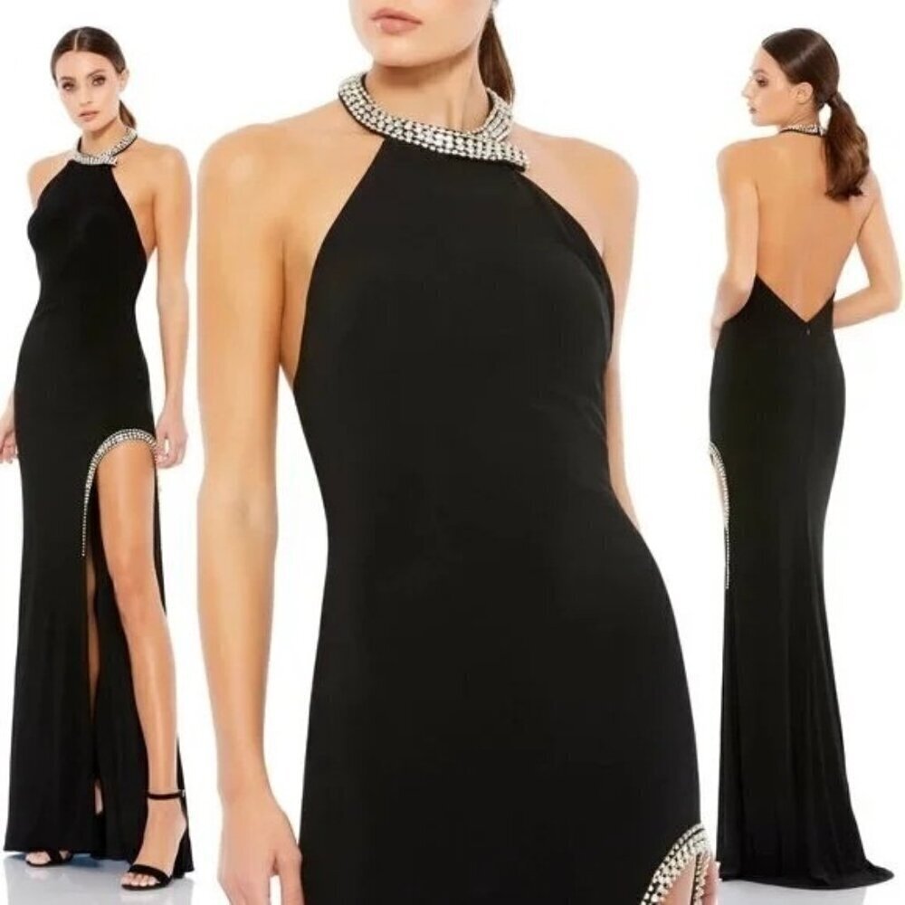 Mac Duggal 26533 Slit Black Halter Gown Maxi Jersey Stretch Rhinestones Size 6
